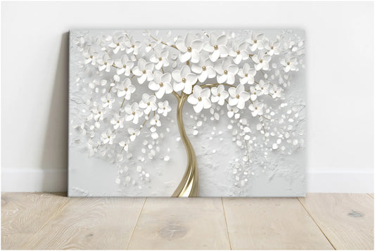WHITE FLOWERS GOLD TREE FLORAL WRAPPED CANVAS