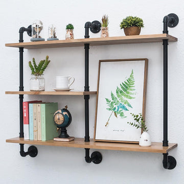 Industrial Pipe Shelf with Wood, Wall Mount Shelf 3-Tiers
