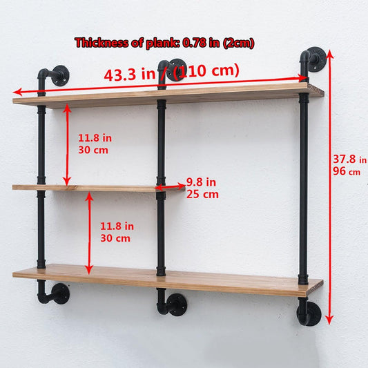 Industrial Pipe Shelf with Wood, Wall Mount Shelf 3-Tiers
