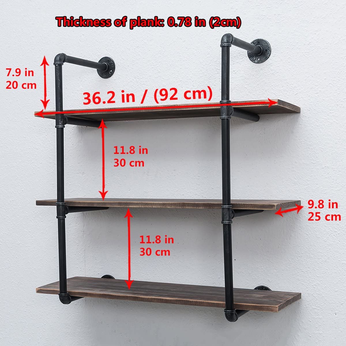 Industrial Pipe Shelves with Wood 3-Tiers, Rustic Wall Mount Shelf 36.2in - GetSetHome Store