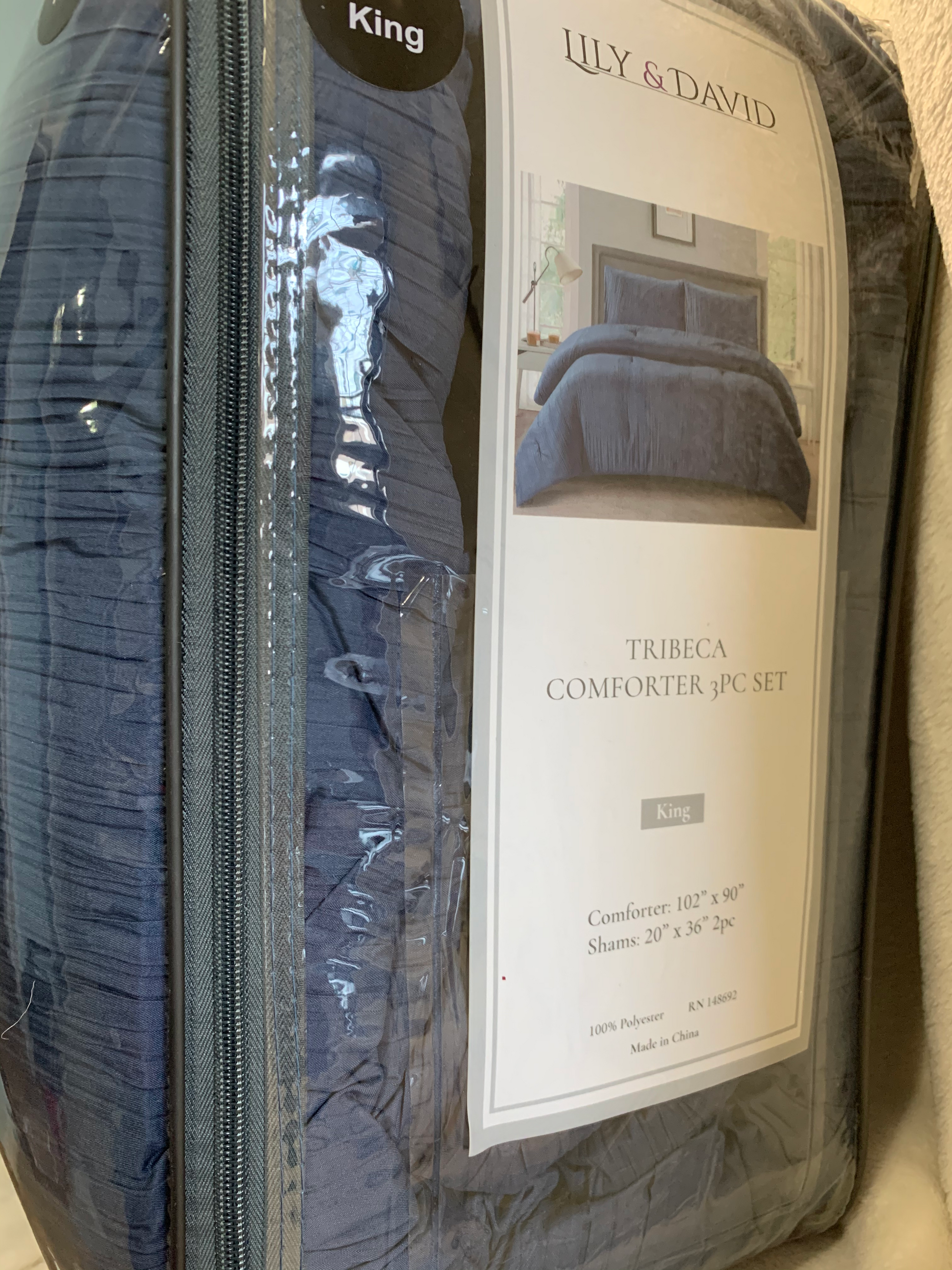 King ~ Lily & David Crease 3 Piece Comforter Set, Indigo - GetSetHome Store