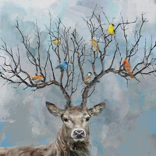 DEER WITH BIRDS FRAMED PRINT ON CANVAS  - 32" X 32" X 1.5"