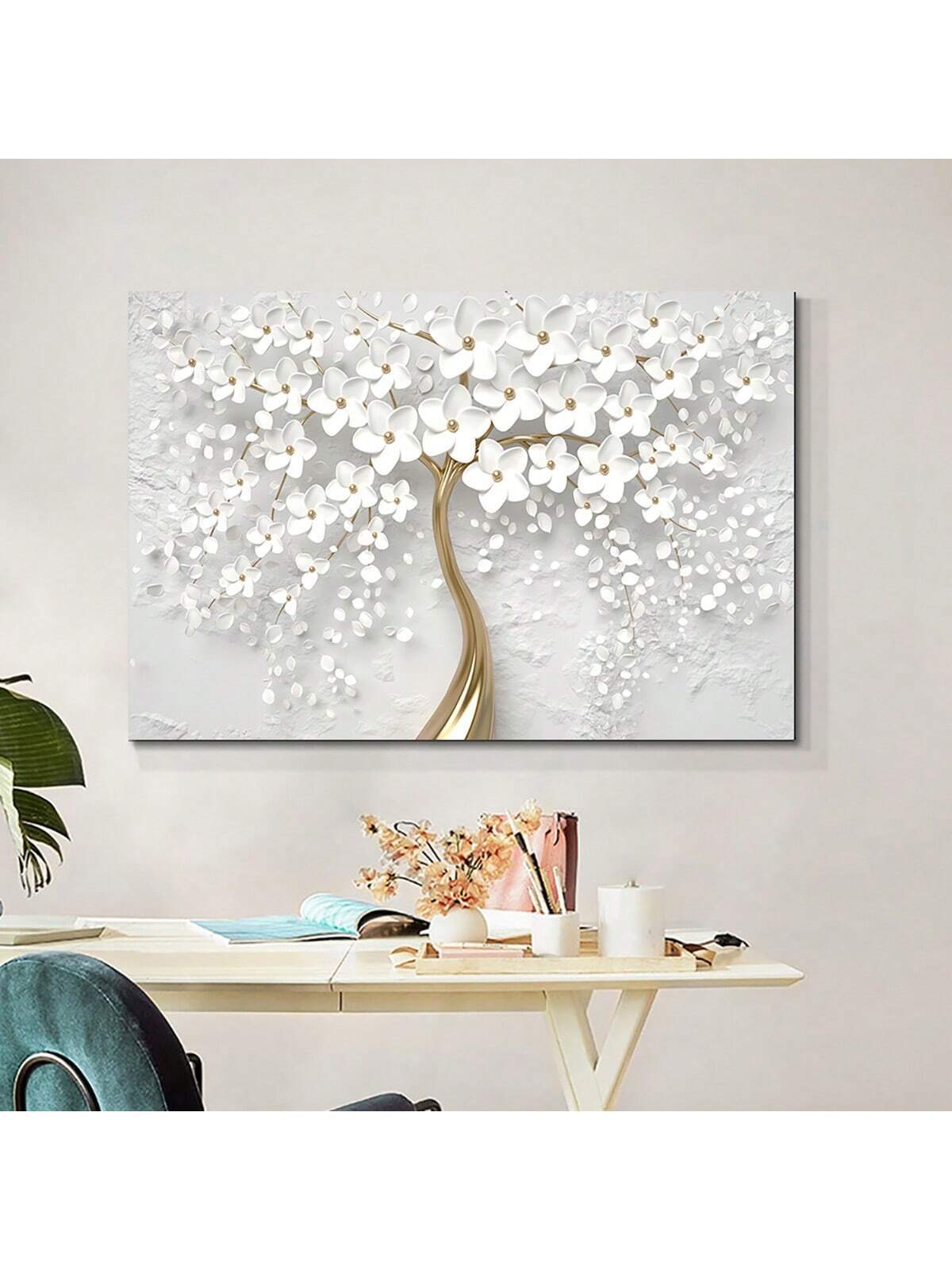 White Flowers Gold Tree Floral Wrapped Canvas