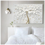 White Flowers Gold Tree Floral Wrapped Canvas