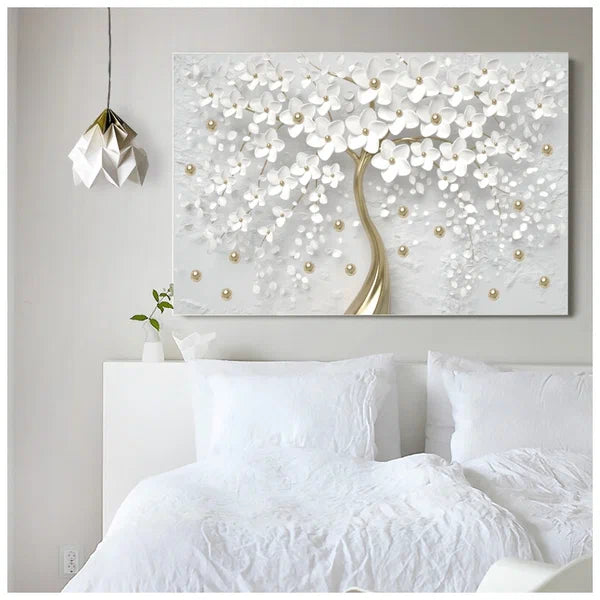 White Flowers Gold Tree Floral Wrapped Canvas