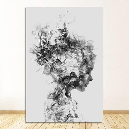 SMOKE GIRL FRAMED PRINT ON CANVAS - MINIMALIST BLACK & WHITE - 48" X 32"