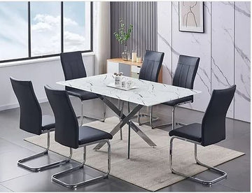 7 Pieces Marble Glass Dining Set - Black Chairs