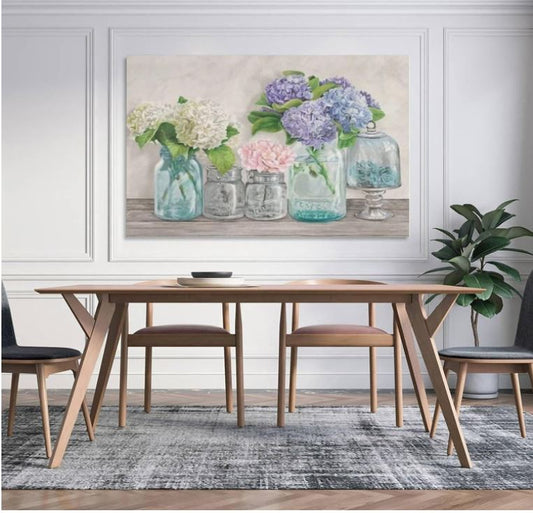 FLOWERS IN VASES FRAMED PRINT ON CANVAS  - 45" X 24" X 1.5"