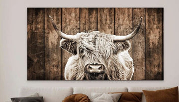 HIGHLAND COW BROWN BARN WOOD RUSTIC FRAMED PRINT ON CANVAS - 55" x 32" x 1.5"