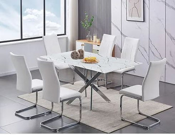 7 Pieces Marble Glass Dining Set - White Chairs