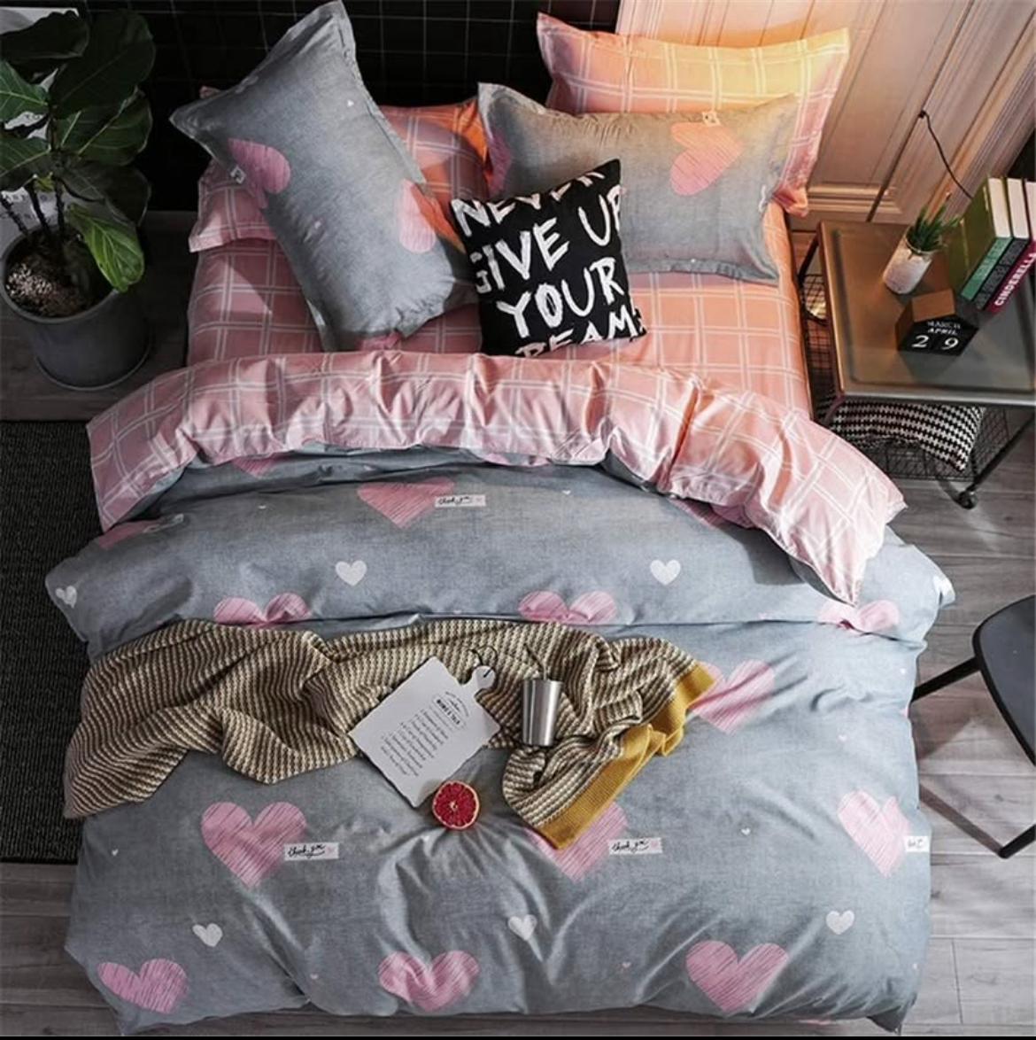 Kids Girls Pink and Grey Heart-Shaped Duvet Cover Set Queen Size