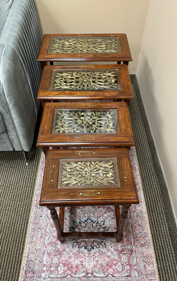 Rosewood Nesting Tables with gold and glass tops - Set of 4