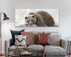 Brown Grizzly Bear Sleeping Peacefully On A Log, artwork on stretched canvas