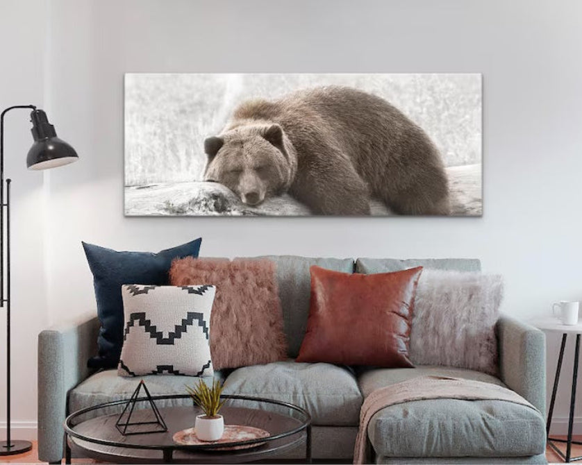 Brown Grizzly Bear Sleeping Peacefully On A Log, artwork on stretched canvas