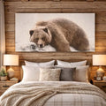 Brown Grizzly Bear Sleeping Peacefully On A Log, artwork on stretched canvas