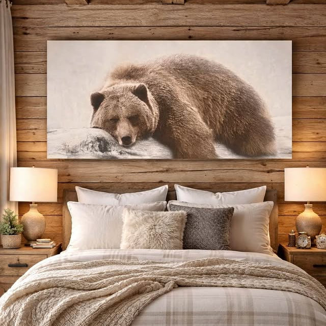 Brown Grizzly Bear Sleeping Peacefully On A Log, artwork on stretched canvas