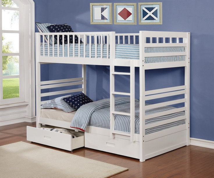 WHITE WOOD BUNK BED WITH STORAGE DRAWERS (TWIN/TWIN)