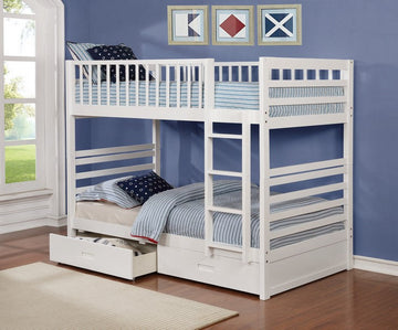 WHITE WOOD BUNK BED WITH STORAGE DRAWERS (TWIN/TWIN)