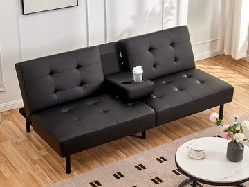 PU LEATHER KLIK KLAK SOFA BED - BLACK  WITH CUPHOLDERS