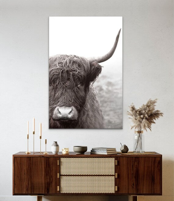 SCOTTISH HIGHLAND COW FRAMED PRINT ON CANVAS BLACK & WHITE 48" x 32"