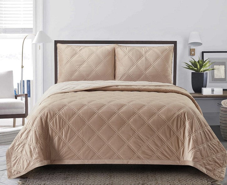 KING - St. Clair Plush Diamond Quilted Blanket 3 Pc Set - CHAMPAGNE