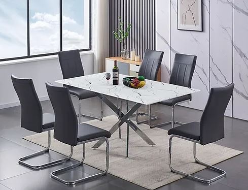 7 Pieces Marble Glass Dining Set - Grey Chairs