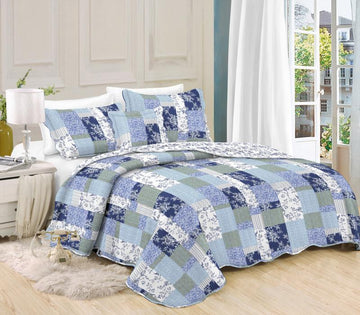 QUEEN - 3 PIECE BED QUILT/ BEDSPREAD/ COVERLET - BLUE PATCHWORK