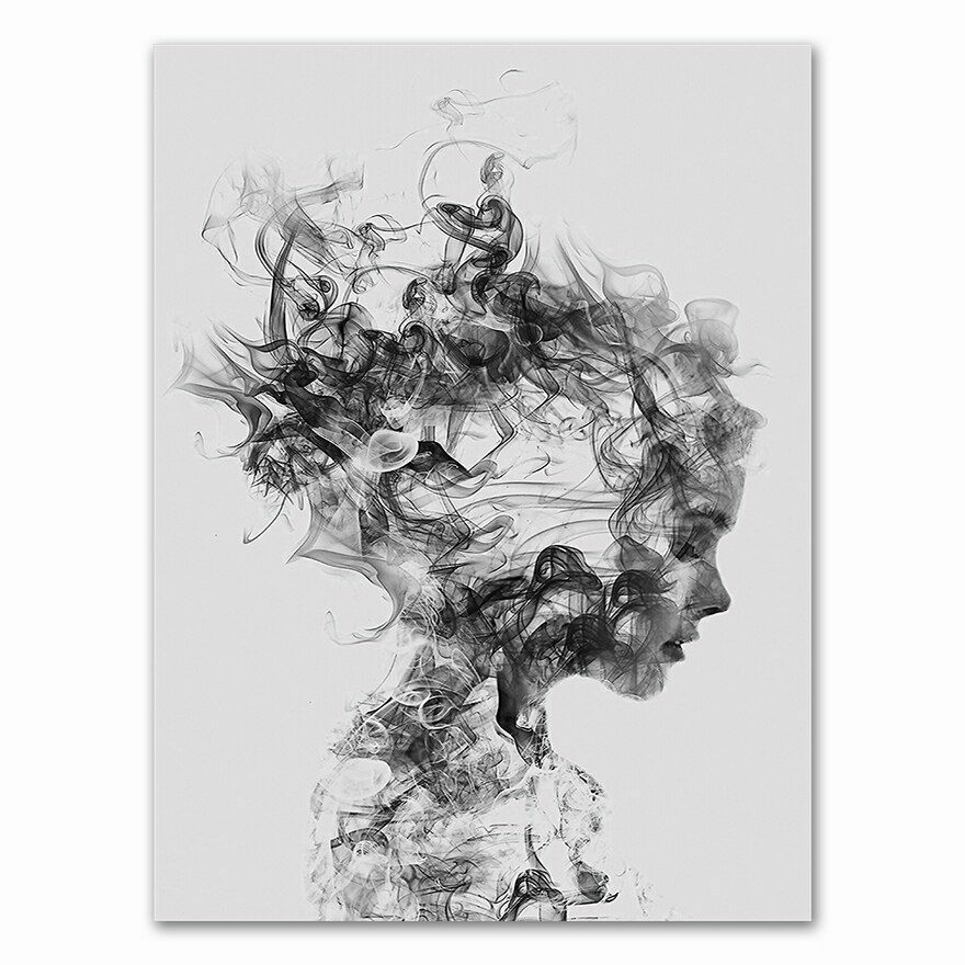 SMOKE GIRL FRAMED PRINT ON CANVAS - MINIMALIST BLACK & WHITE - 48" X 32"