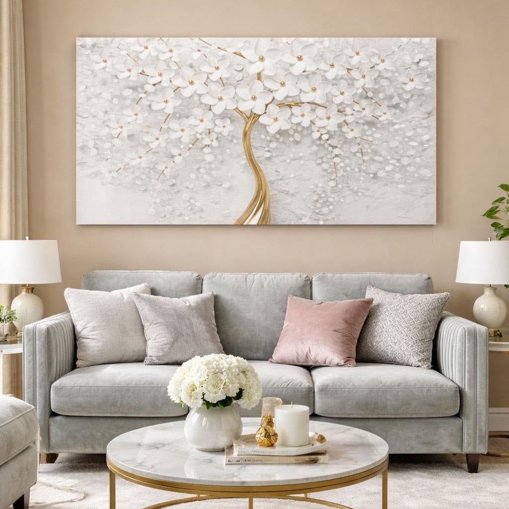 White Flowers Gold Tree Floral Wrapped Canvas