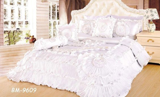 Queen ~ Tache Satin Floral Lace Ruffle 6 Piece Comforter Set, White - GetSetHome Store