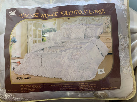 Queen ~ Tache Satin Floral Lace Ruffle 6 Piece Comforter Set, White - GetSetHome Store