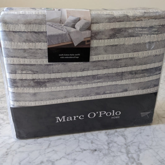 King - Marc O Polo Harsar Cotton 3-Piece Striped Duvet Cover Set, Grey - GetSetHome Store