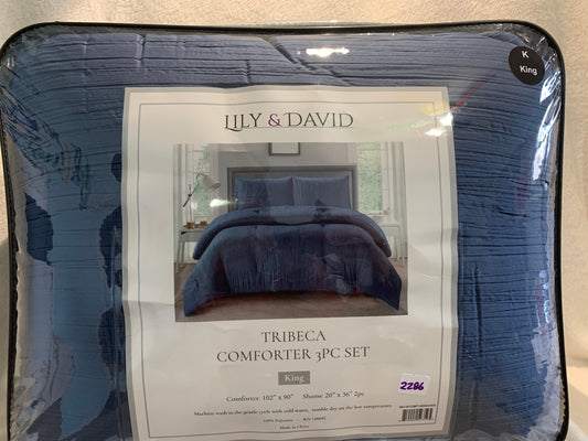 King ~ Lily & David Crease 3 Piece Comforter Set, Indigo - GetSetHome Store