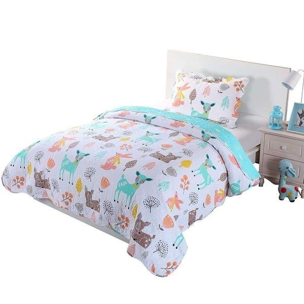 Twin ~ 2 Piece Quilt Set, Cotton, Teal, Blue, Forest Deer - GetSetHome Store