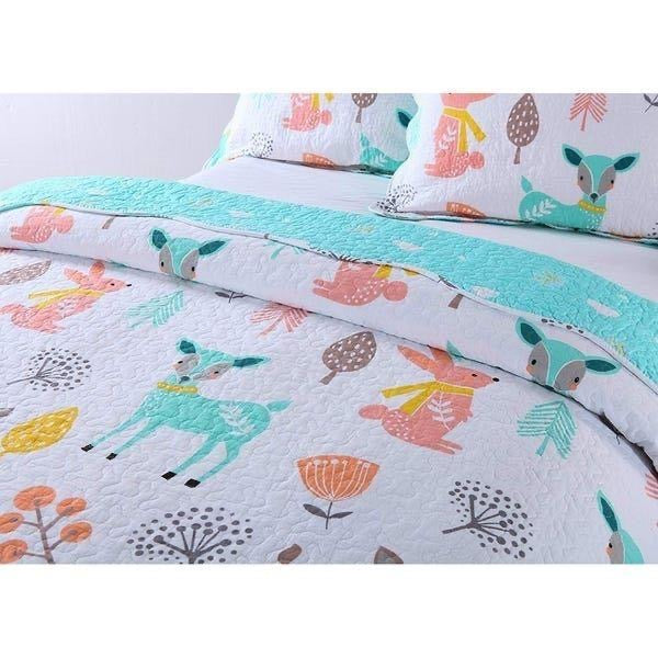 Twin ~ 2 Piece Quilt Set, Cotton, Teal, Blue, Forest Deer - GetSetHome Store