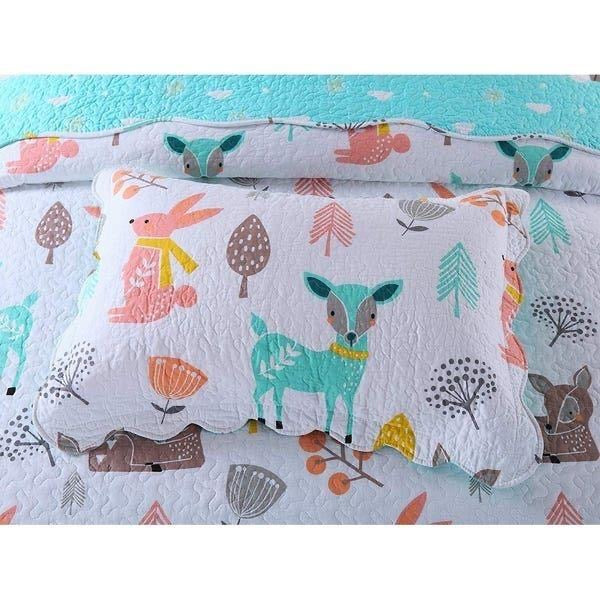 Twin ~ 2 Piece Quilt Set, Cotton, Teal, Blue, Forest Deer - GetSetHome Store