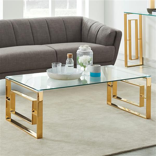 !nspire Coffee Table - 47.25-in x 15.75-in - Clear Glass - Stainless Steel Gold Base - GetSetHome Store