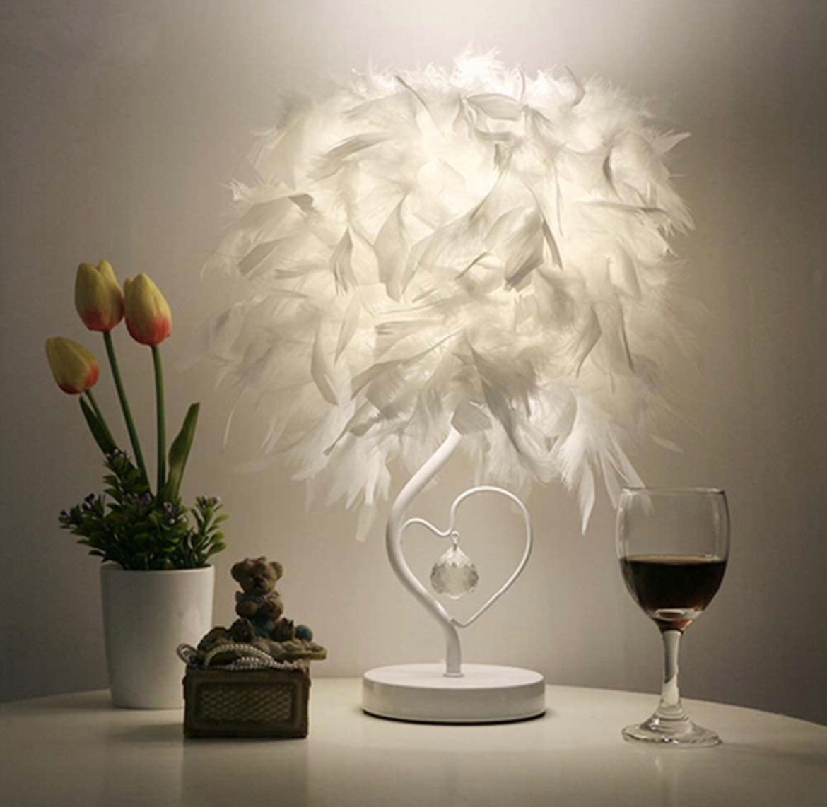 Heart Shape Feather Lampshade Crystal Light Table Lamp - GetSetHome Store