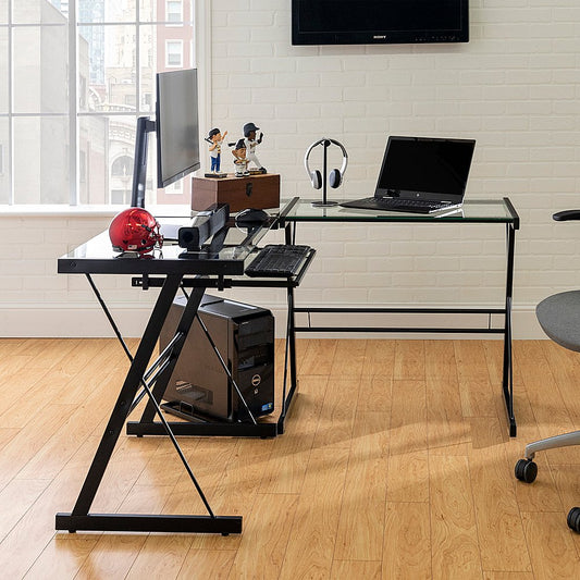 Walker Edison - L-Shaped Modern Glass Corner Computer Desk - Black Clear - GetSetHome Store