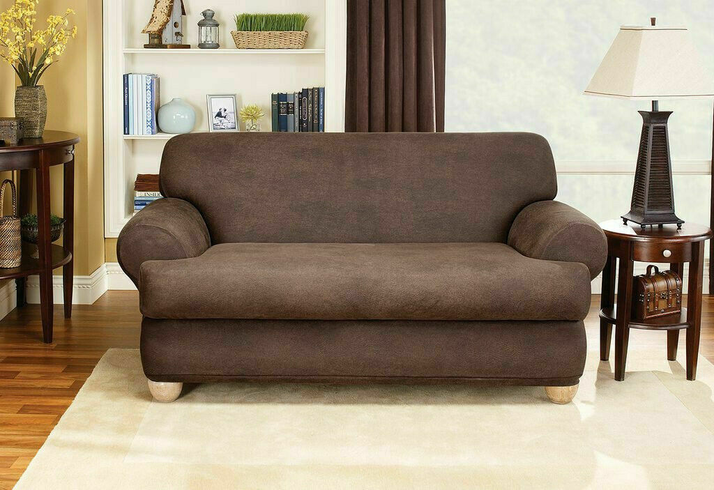 Sure Fit Stretch Leather T-Cushion Two Piece SOFA Slipcover, Brown - GetSetHome Store