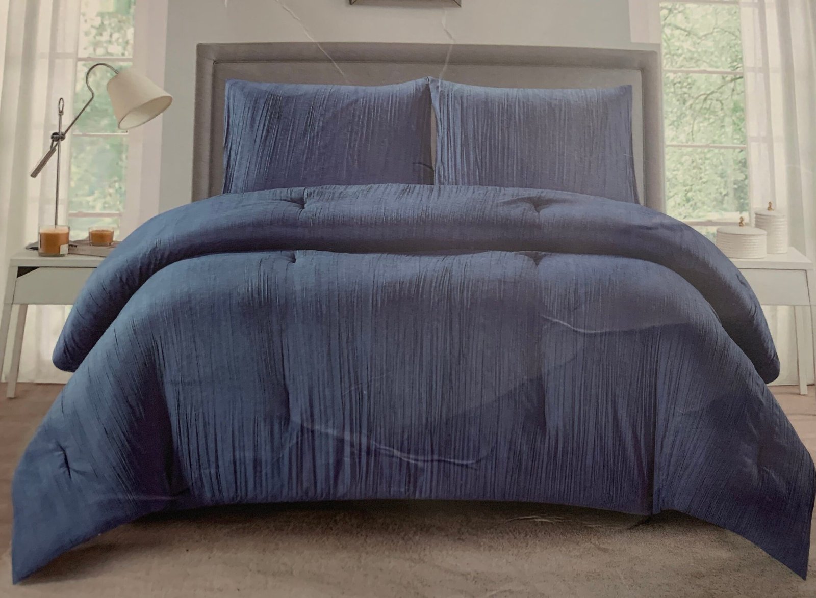 King ~ Lily & David Crease 3 Piece Comforter Set, Indigo