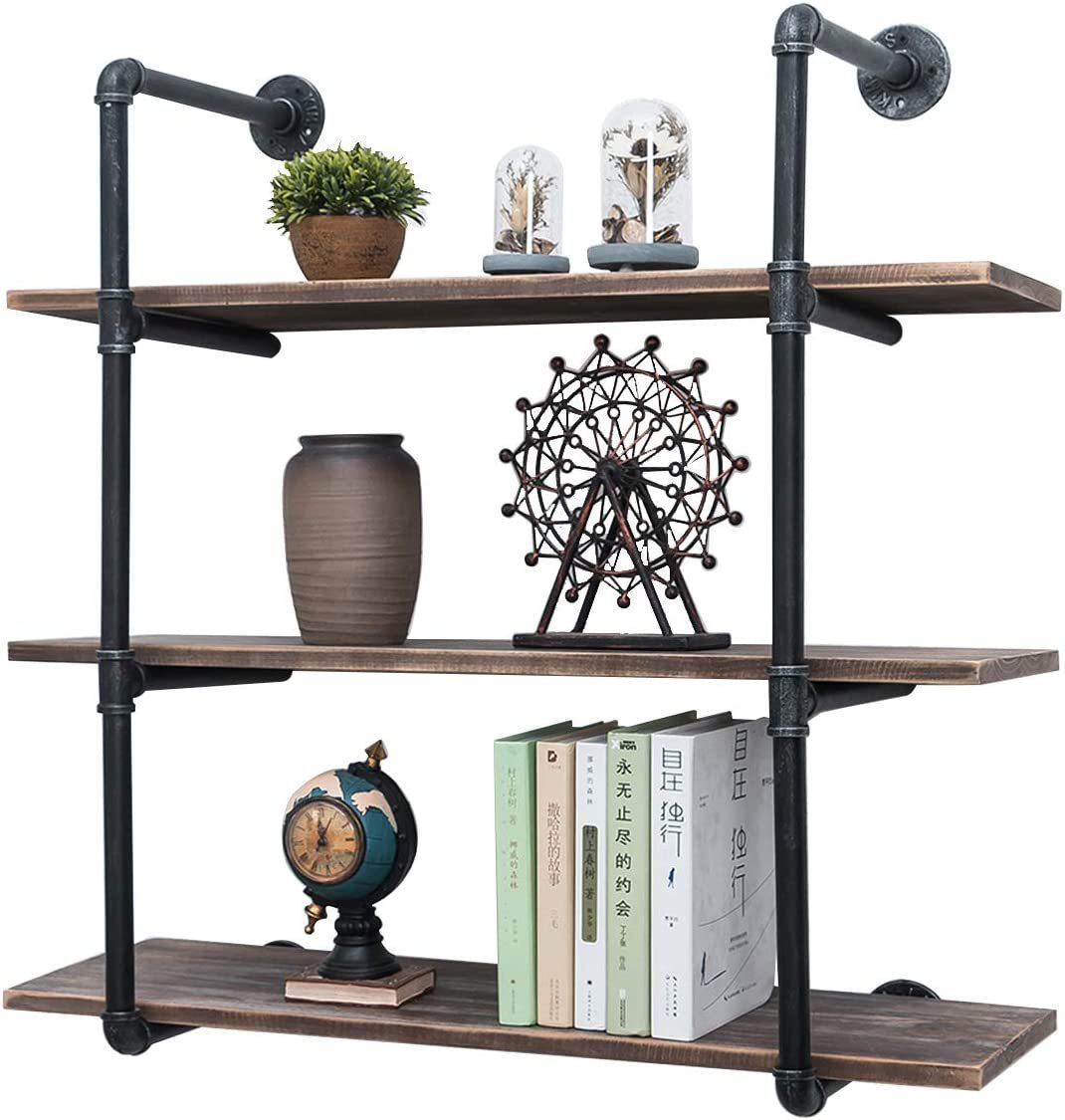 Industrial Pipe Shelves with Wood 3-Tiers, Rustic Wall Mount Shelf 36.2in