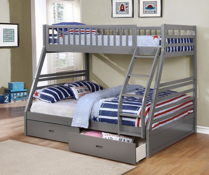Solid Wood Bunk Bed With Storage Drawers - (TWIN/FULL) - Grey