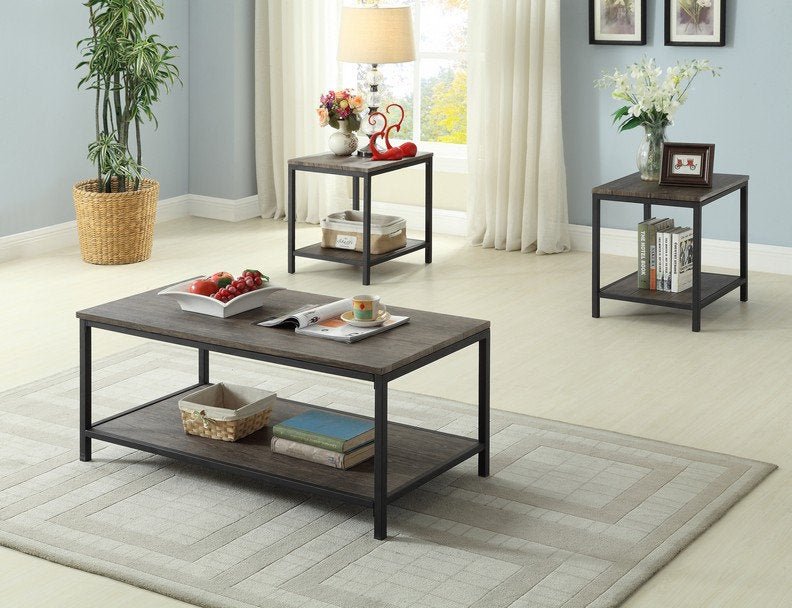 3-Piece Coffee Table Set - Brown/Black Metal